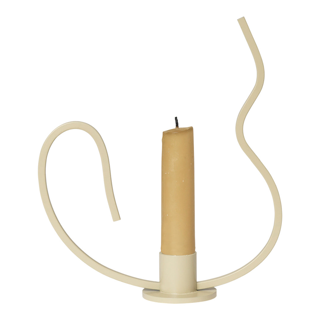 Beige candle holder with a wavy cream base, featuring a textured honey-colored candle for a modern aesthetic.