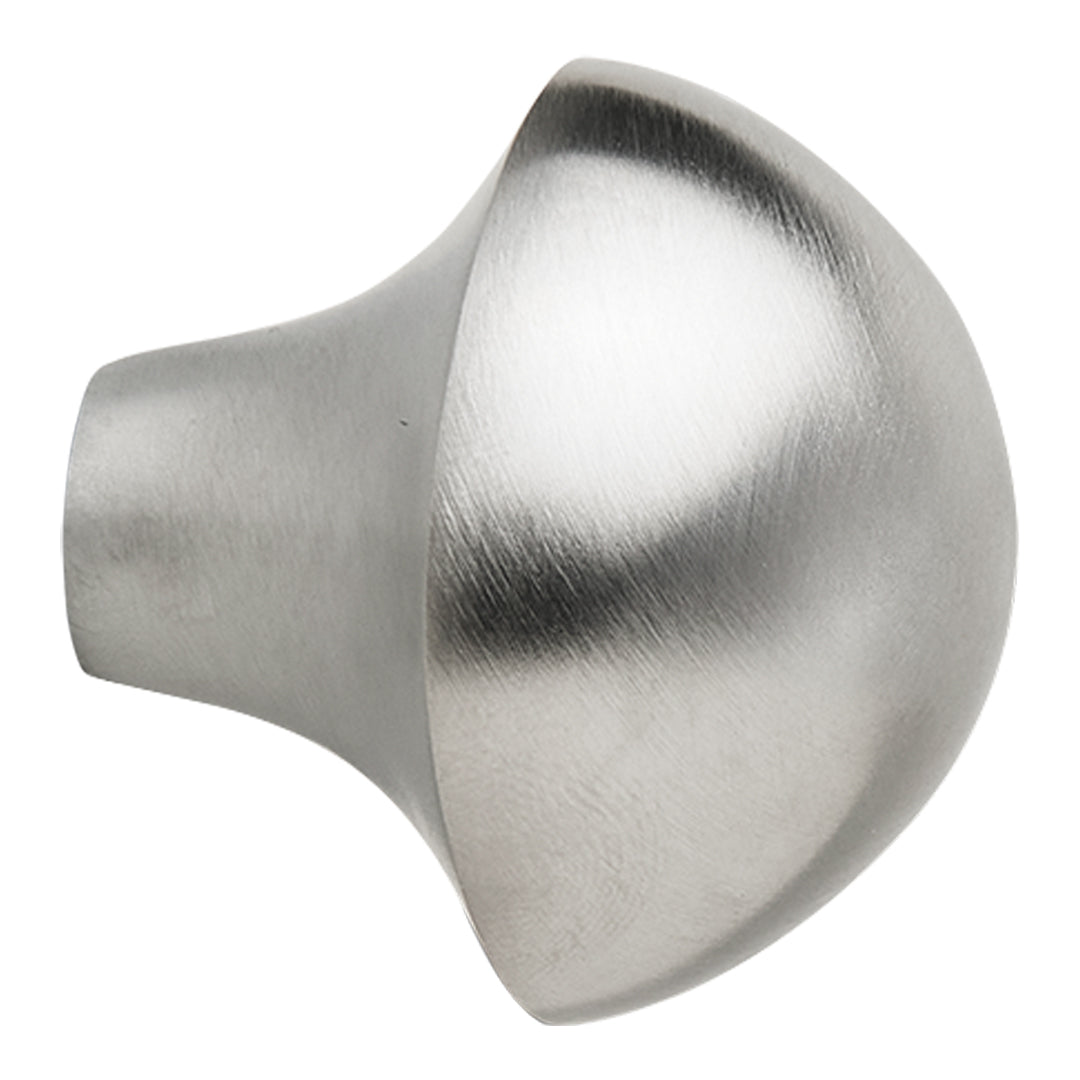 Brushed silver dome-shaped cabinet knob with a smooth, reflective finish. Ideal for modern or minimalist decor.