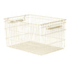 Cream-colored wire storage basket with a simple, modern design and open grid pattern. Ideal for organization.