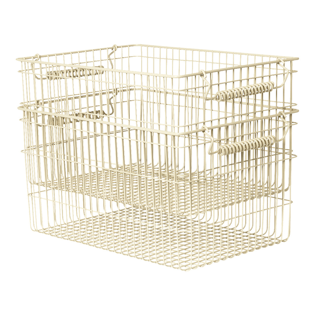 Light cream wire storage baskets with a minimalist design, featuring a grid pattern and a stacked arrangement.
