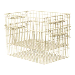 Light cream wire storage baskets with a minimalist design, featuring a grid pattern and a stacked arrangement.