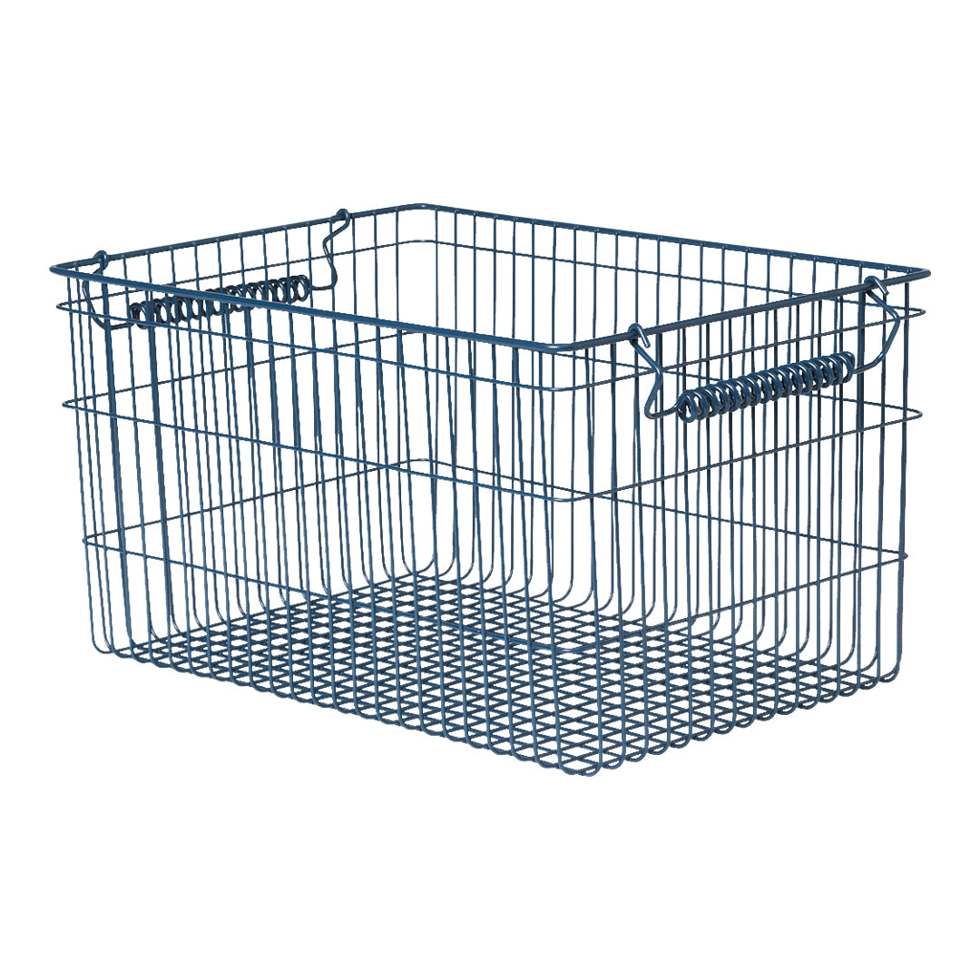 Wire storage basket in a sleek blue finish, featuring a clean, grid-like pattern for stylish organization.
