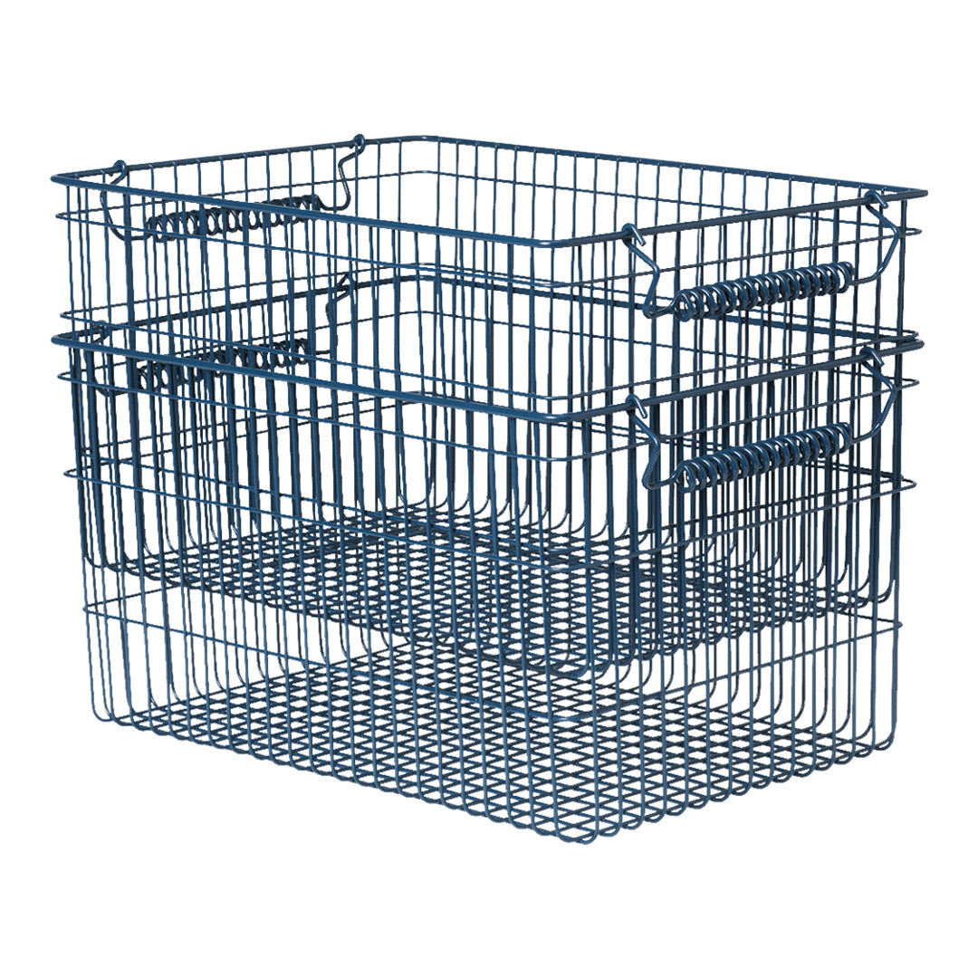 Blue metal wire storage baskets with a simple grid pattern, featuring a stacked design for versatile organization.