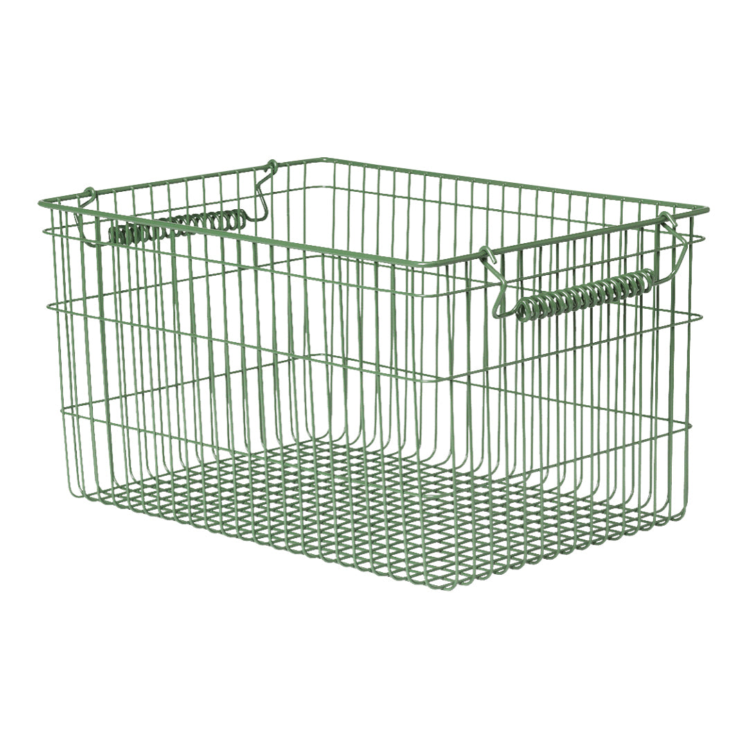 Green wire storage basket with a grid pattern and open design, featuring sturdy handles for easy carrying.