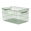 Green wire storage basket with a grid pattern and open design, featuring sturdy handles for easy carrying.