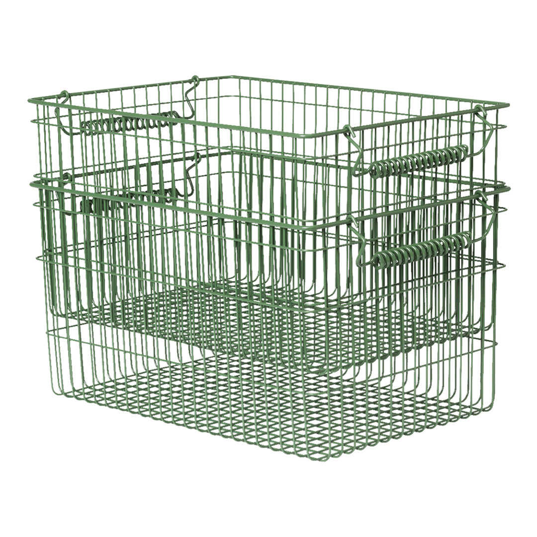"Stackable wire storage baskets in vibrant green with an open grid pattern, ideal for organization."