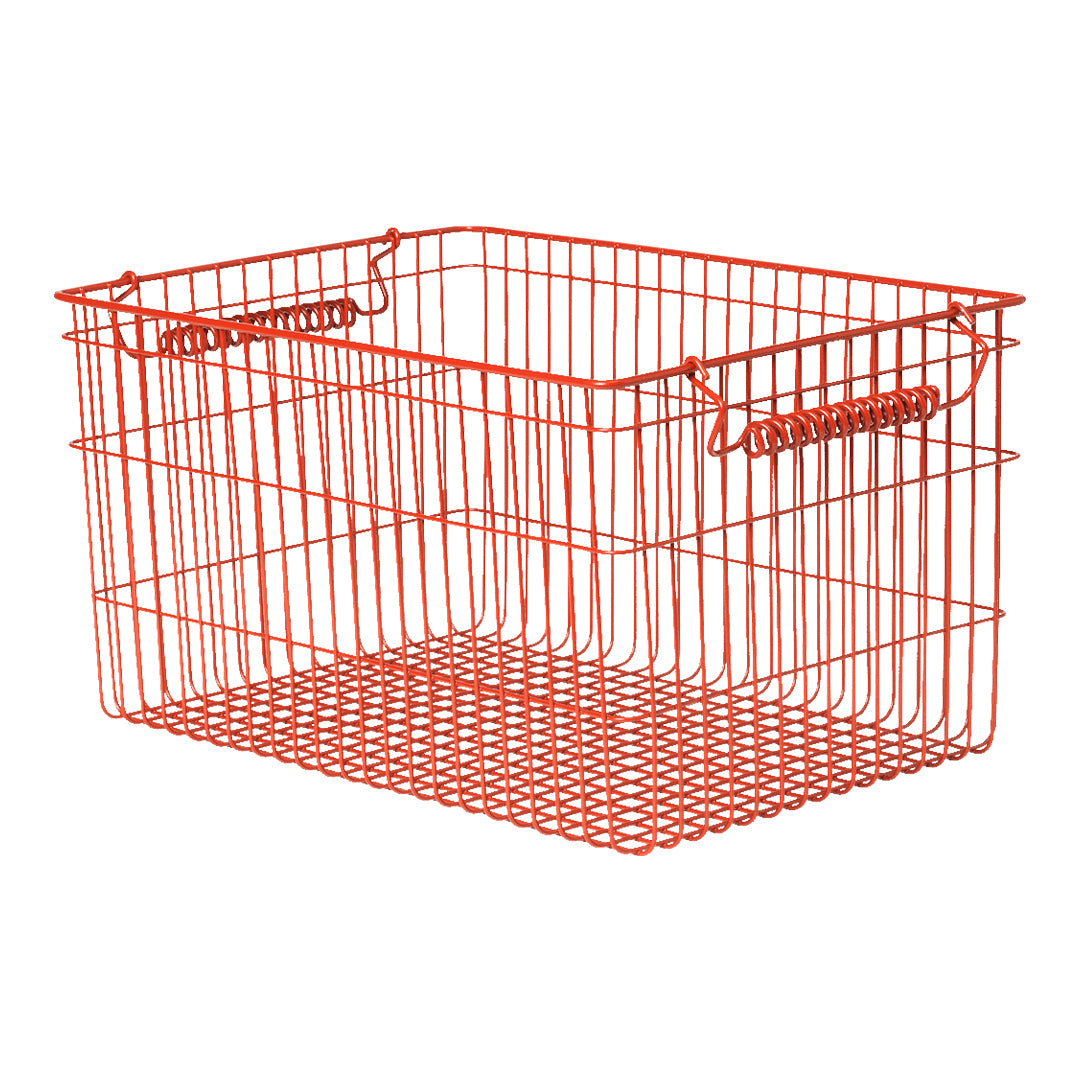 Bright orange wire storage basket with a rectangular shape and open-grid pattern. Ideal for organizing.