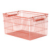 Bright orange wire storage basket with a rectangular shape and open-grid pattern. Ideal for organizing.