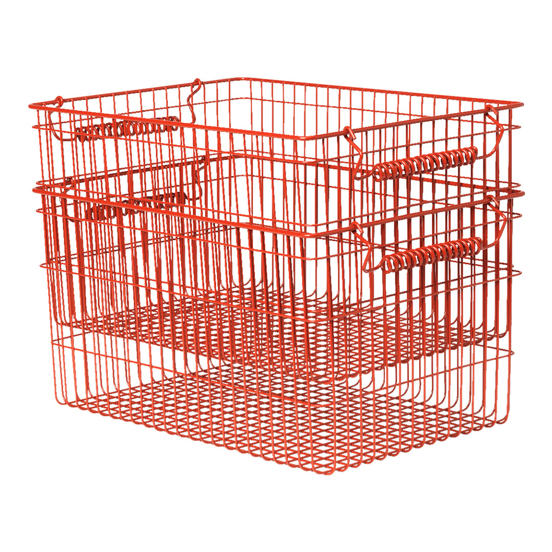 "Stackable wire basket in vibrant orange with an open-grid design for easy visibility and ventilation."