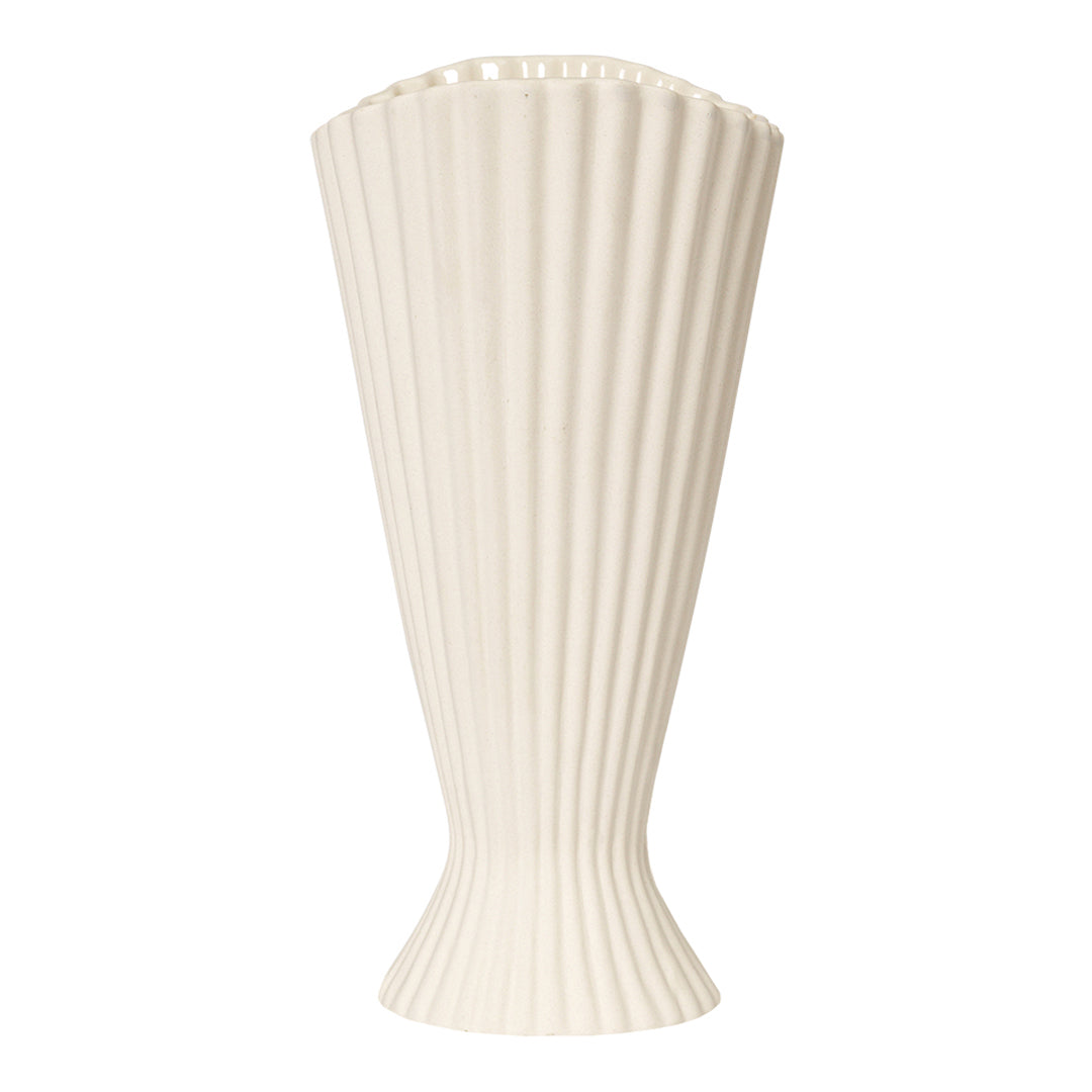 Elegant white ribbed vase with a fluted design, perfect for modern decor and floral arrangements.