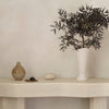 "Minimalist white vase with olive branches, earthy-toned pottery, and smooth, neutral backdrop create a calming decor."