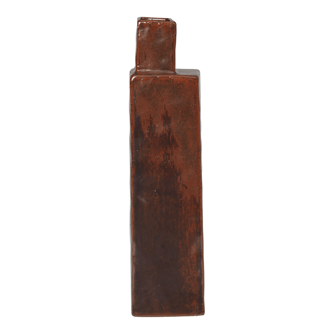 Rustic brown ceramic vase with a smooth, textured finish. Unique vertical design adds modern elegance to any decor.