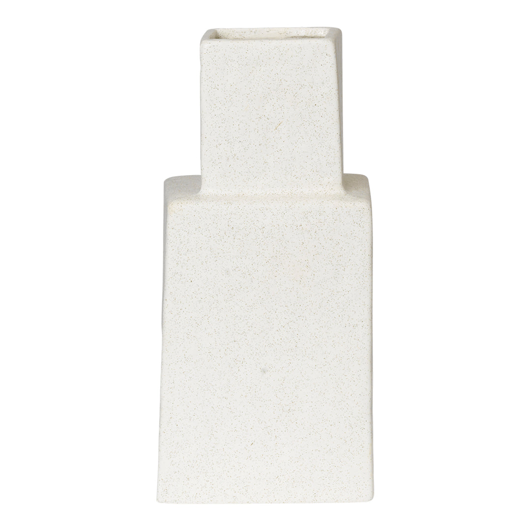 White ceramic vase with a sleek, modern design and smooth texture. Perfect for minimalist decor.