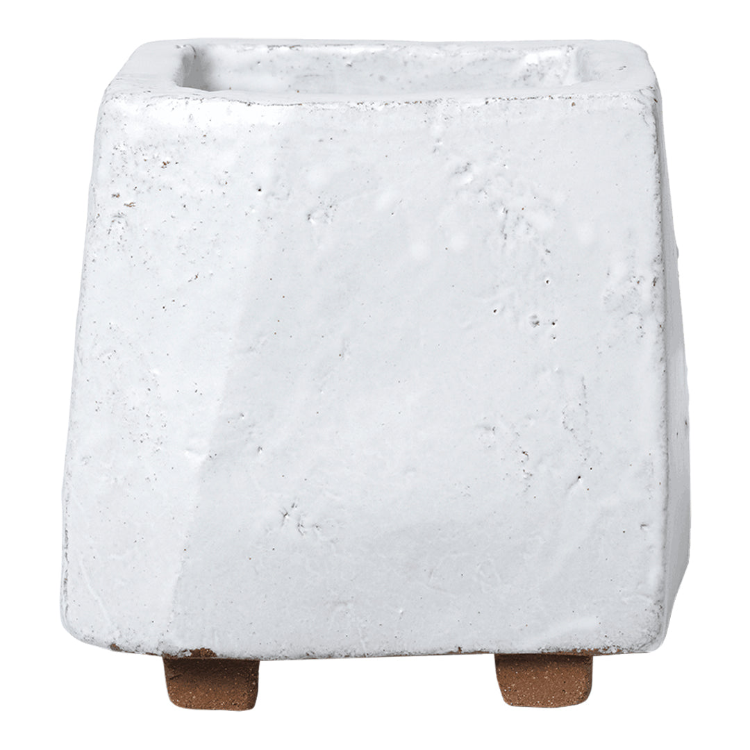 White textured planter with a clean finish and natural wooden legs, ideal for modern decor.