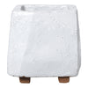 White textured planter with a clean finish and natural wooden legs, ideal for modern decor.