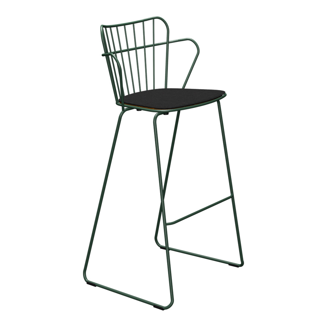 Green wire bar stool with black seat, featuring a modern, minimalist design and sleek lines. Ideal for contemporary spaces.