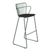 Green wire bar stool with black seat, featuring a modern, minimalist design and sleek lines. Ideal for contemporary spaces.