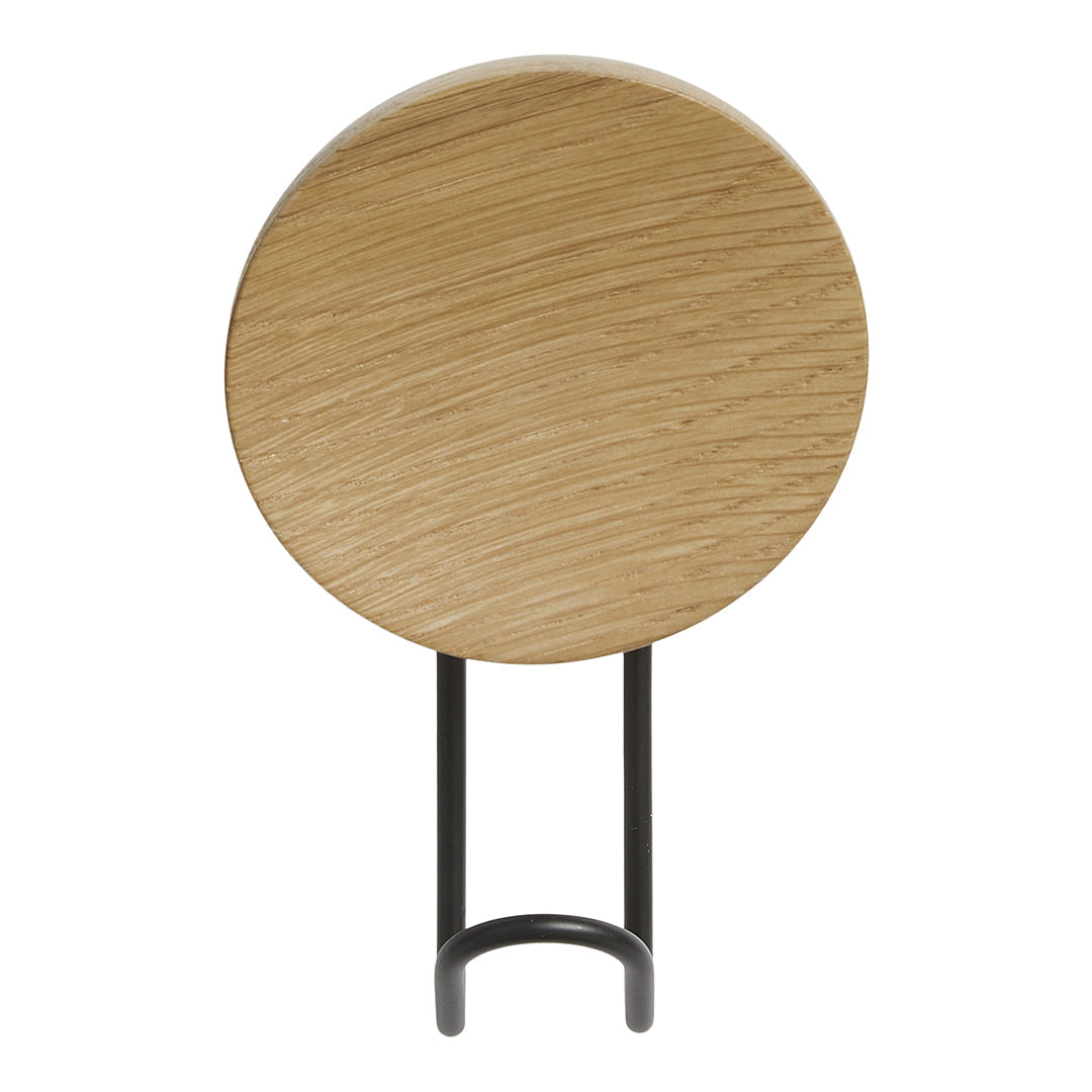 Natural oak finish with a smooth texture and sleek black metal stand, featuring a minimalist design.