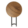 Round wooden tabletop in rich brown with a smooth, natural grain, supported by a sleek black metal stand.
