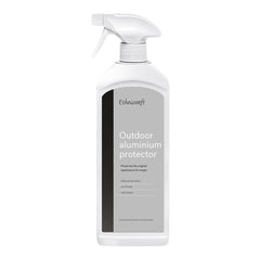 White spray bottle with a gray and black label for outdoor aluminum protector. Simple, modern design.