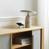 "Gray lamp with a circular shade, beige decorative vase, and a black insect figure on a light wood cabinet with striped patterns."