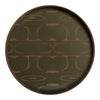 Round tray featuring an olive green background with a geometric brown pattern. Ideal for stylish home décor.