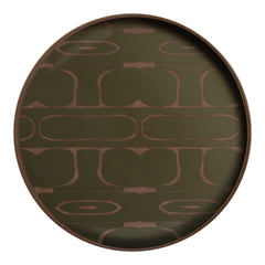 Round tray featuring an olive green background with a geometric brown pattern. Ideal for stylish home décor.