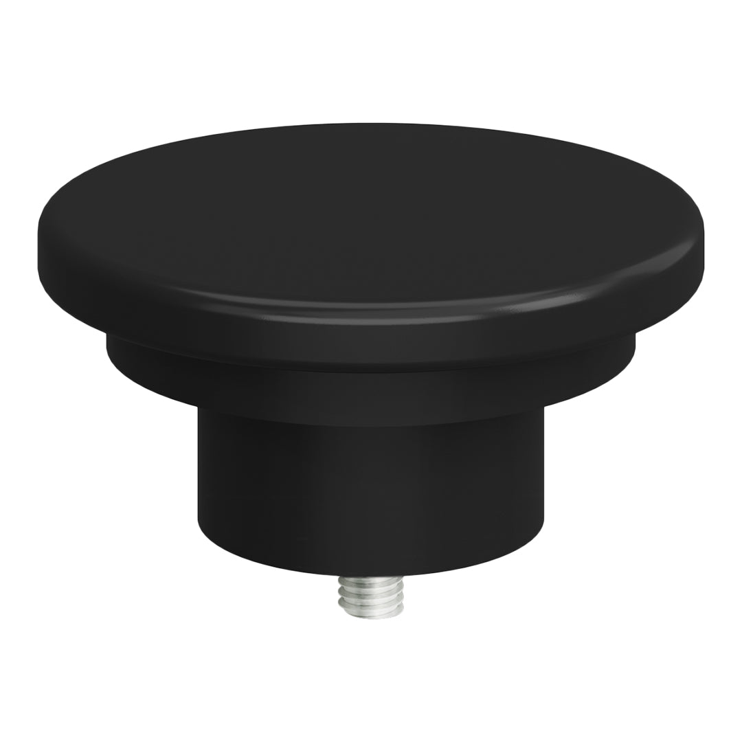 Black round furniture knob with a smooth, glossy finish. Ideal for modern decor.
