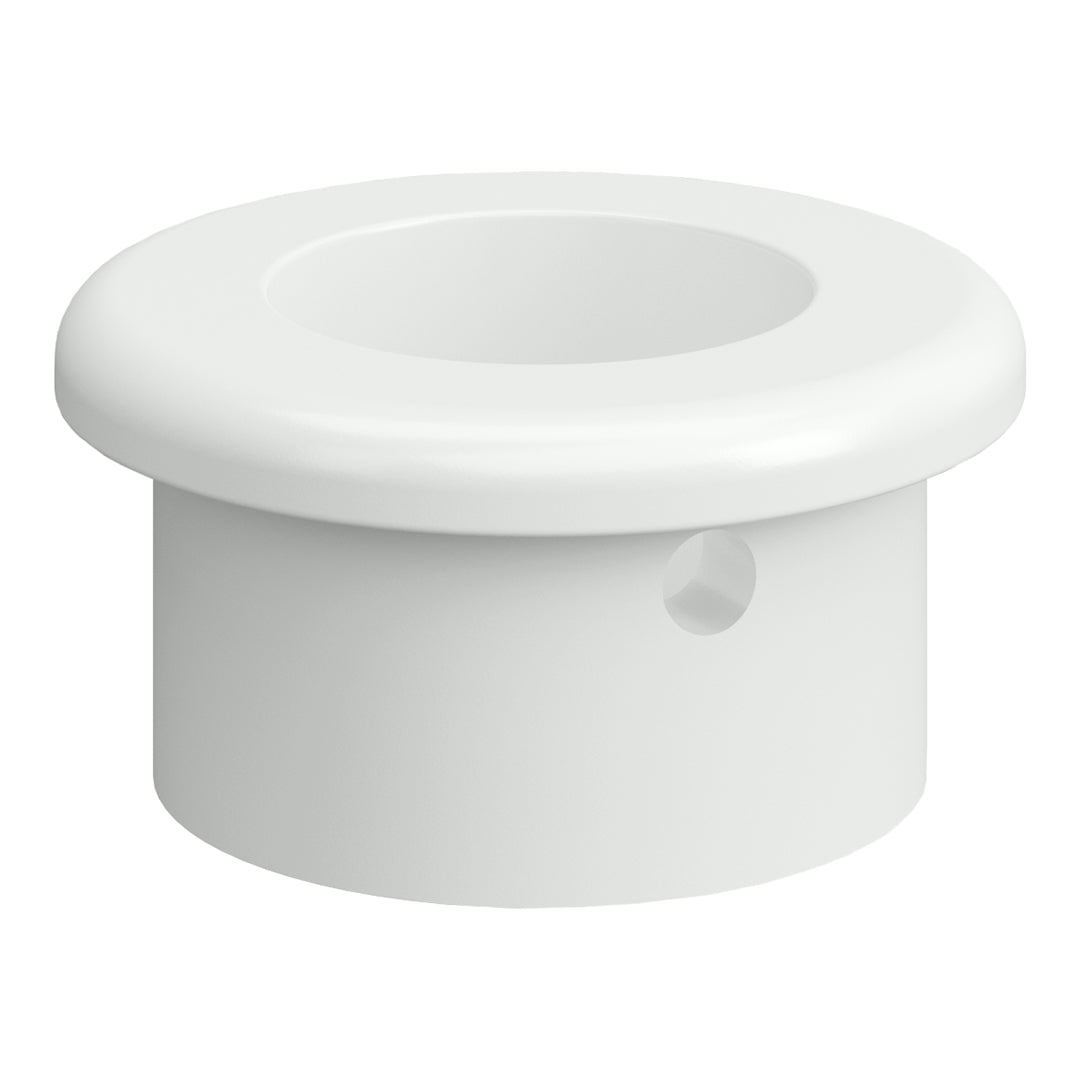 Glossy white round pipe fitting with smooth edges and a small side hole for easy installation.