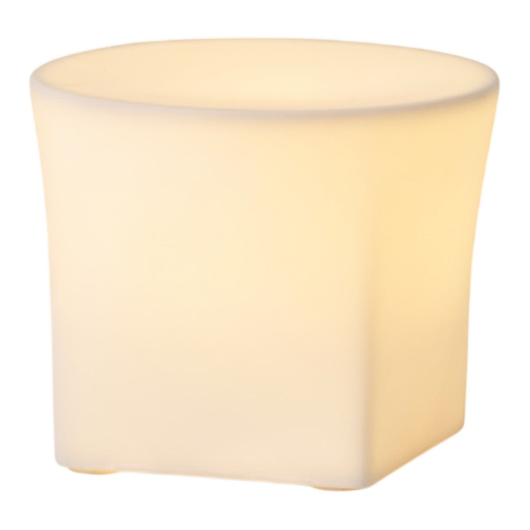 Soft white, illuminated lamp with a smooth, rounded design and contemporary finish. Ideal for modern decor.