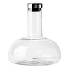 Clear glass wine decanter with a sleek, rounded body and a shiny silver metal collar accent.