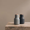 Two modern vases in soft gray and deep charcoal with wooden accents, styled on a light stone surface.