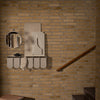 "Modern beige wall shelf with curved edges, round mirror, and minimalist design against textured brick background."