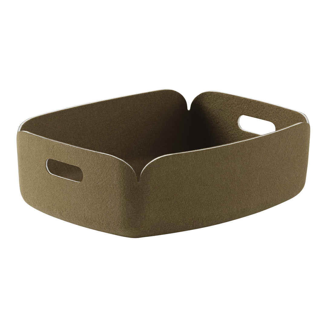 Olive green felt storage basket with a glossy silver trim and two cut-out handles for easy carrying.