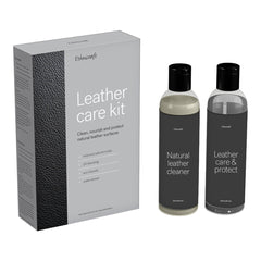 "Leather care kit with sleek black packaging and grey bottles, featuring minimalist design and modern typography."