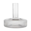 "Clear glass vase with a ribbed base and smooth top, showcasing transparent layers and elegant patterns."