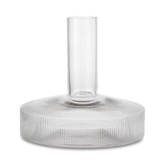 "Clear glass vase with a ribbed base and smooth top, showcasing transparent layers and elegant patterns."