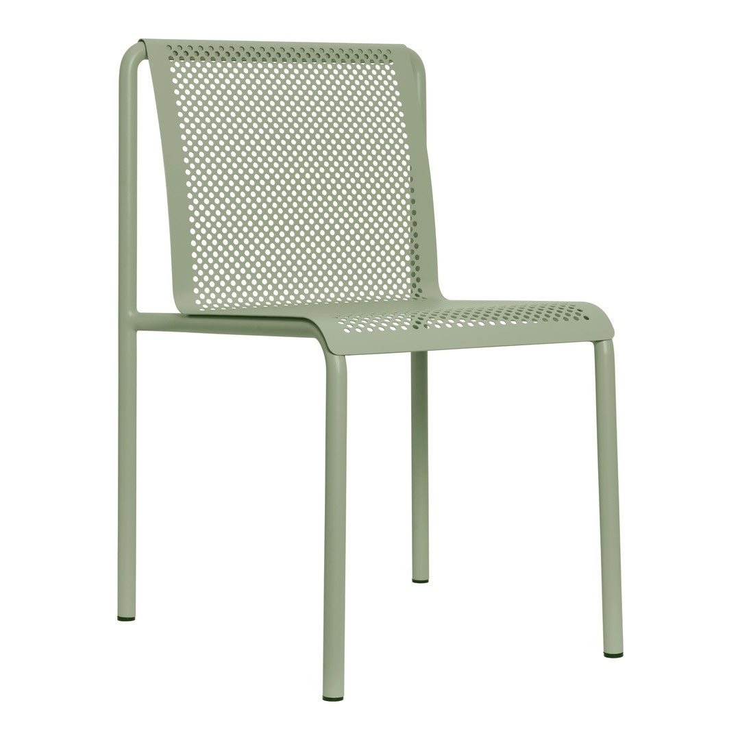 Light green metal chair with a perforated design, ideal for outdoor or indoor use. Clean and modern aesthetic.
