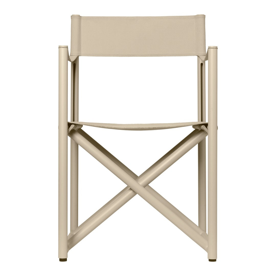 Beige canvas director's chair with sleek beige metal frame and crisscross pattern for added stability.