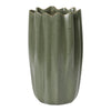 Green ribbed ceramic vase with wavy edges, showcasing a subtle textured finish for a modern aesthetic.