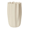 Cream-colored ceramic vase with a ribbed texture and scalloped edge design. Perfect for elegant decor.