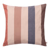 Striped pillow in soft shades of peach, cream, navy, and brown, adding a cozy touch to any decor.