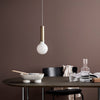 White globe pendant light with a brass accent hanging above a sleek, dark wooden table against a brown backdrop.
