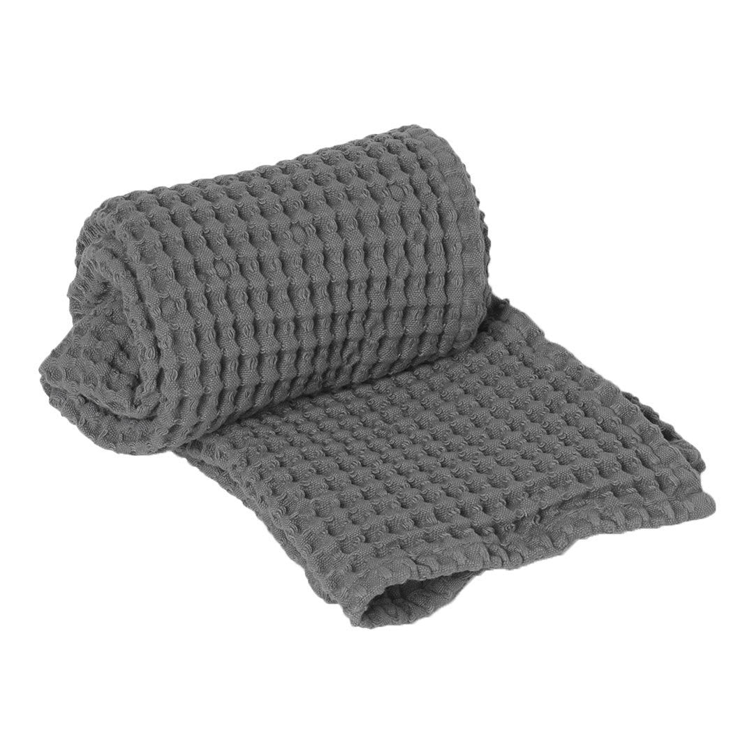 Gray textured blanket featuring a soft, woven waffle pattern, perfect for cozying up in style.