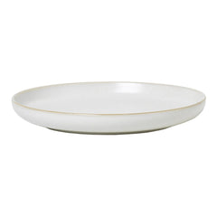 White ceramic plate with a subtle gold rim and smooth, minimalist design, perfect for elegant dining.