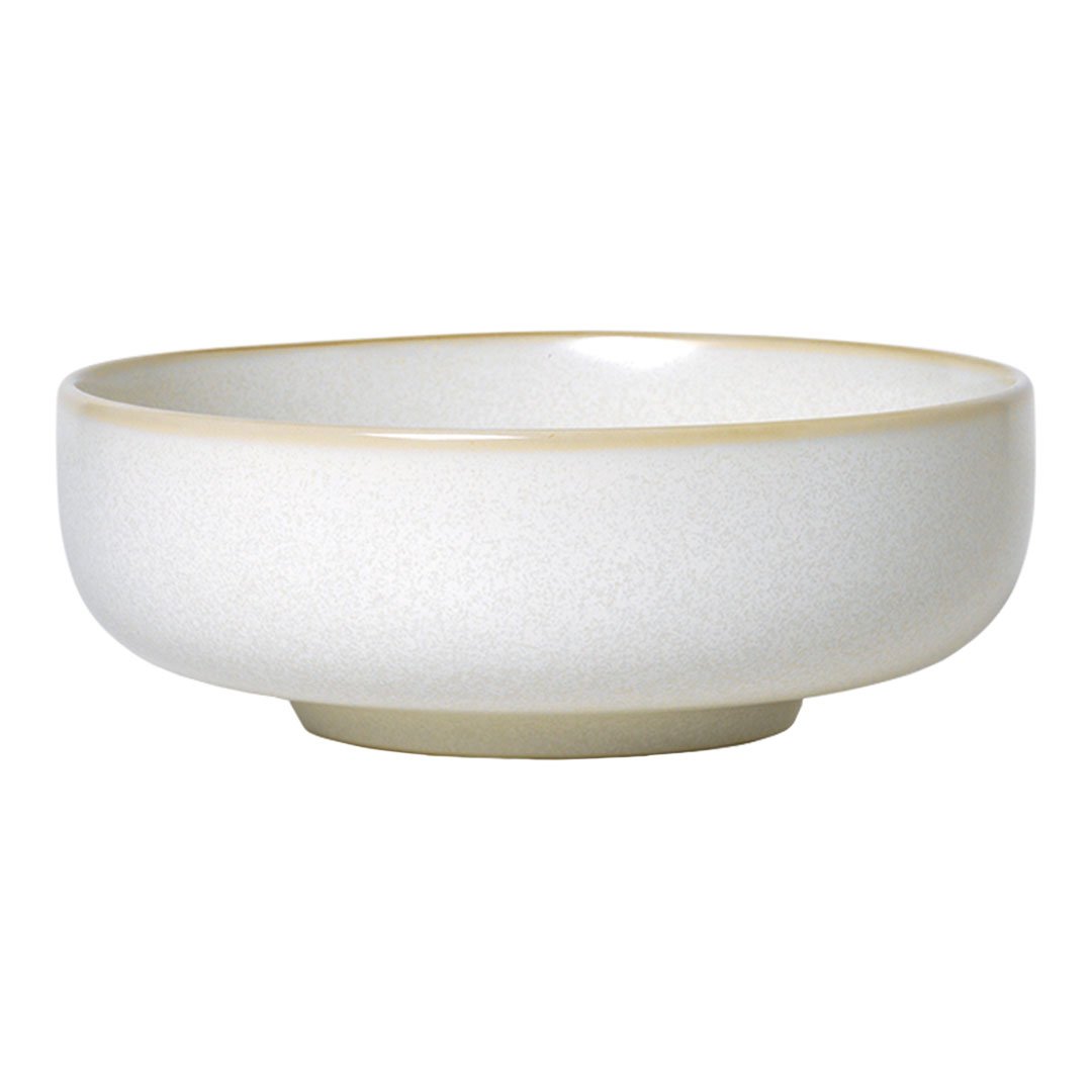 White ceramic bowl with a subtle speckled pattern and a chic gold rim. Perfect for elegant dining.