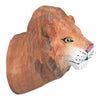 "Wooden lion head sculpture featuring rich brown hues and intricate detailing, showcasing a textured finish."