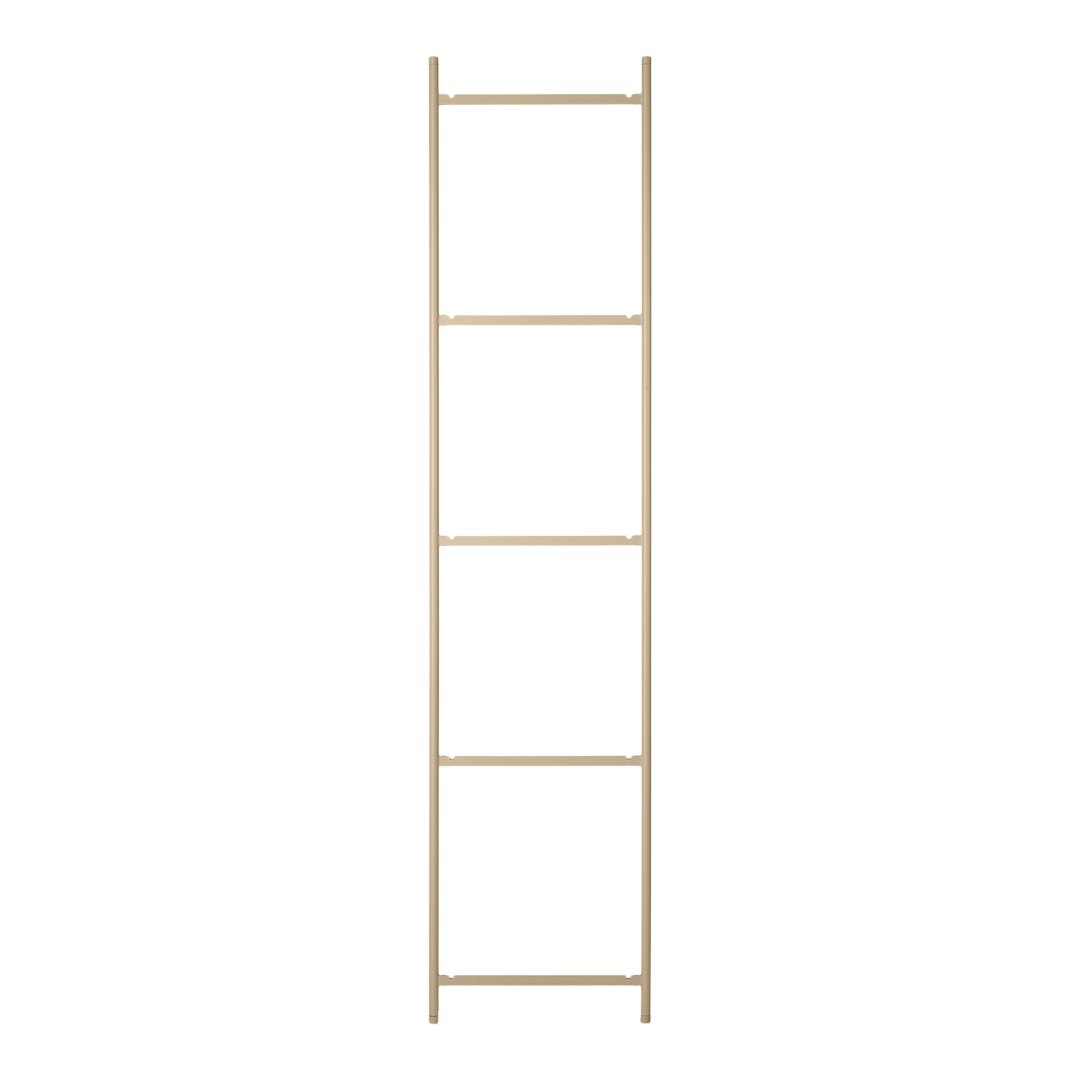 "Minimalist wooden ladder shelf in natural light wood finish, featuring a sleek, vertical design with four open shelves."