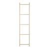 "Minimalist wooden ladder shelf in natural light wood finish, featuring a sleek, vertical design with four open shelves."
