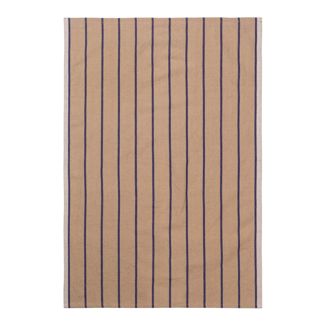 Beige towel with navy blue vertical stripes, offering a stylish and modern design for any bathroom.